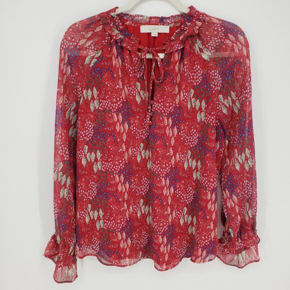 LOFT Abstract Floral Print Blouse Top S Long Sleeves Ruffle Trim Red Blue - Picture 1 of 7